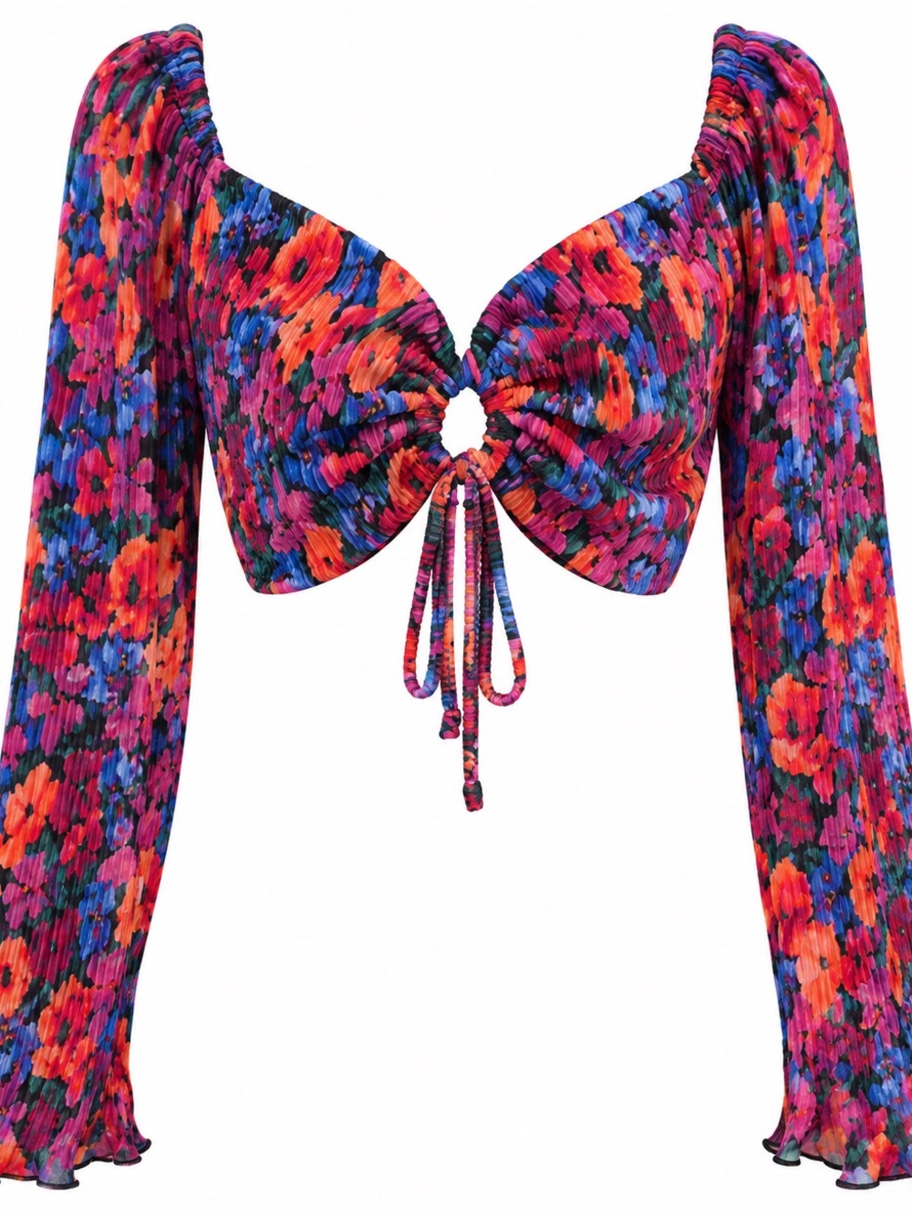 Wild Fable Floral Plisse Crop Top M Tie Front Long Sleeve Y2K Colorful
